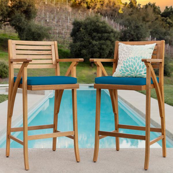 Best Choice Set Of 2 Outdoor Acacia Wood Bar Stools Chairs W/ Weather-Resistant Cushions