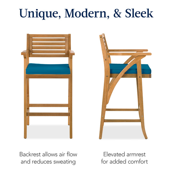 Best Choice Set Of 2 Outdoor Acacia Wood Bar Stools Chairs W/ Weather-Resistant Cushions