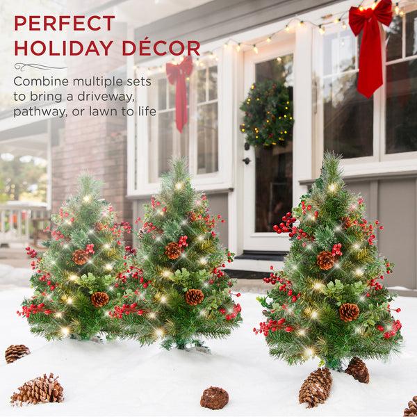 Best Choice Set Of 2 Pre-Lit Pathway Christmas Trees W/ Pine Cones Timer - 24.5in