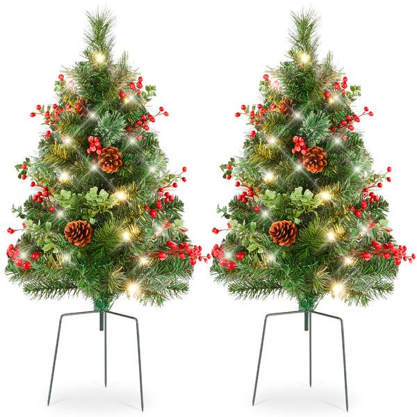best choice Set of 2 Pre-Lit Pathway Christmas Trees w/ Pine Cones Timer - 24.5in