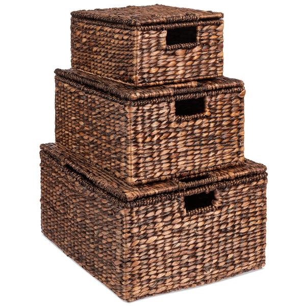 best choice Set of 3 Large Hyacinth Storage Baskets w/ Handles Lid - 21" 20" 18"