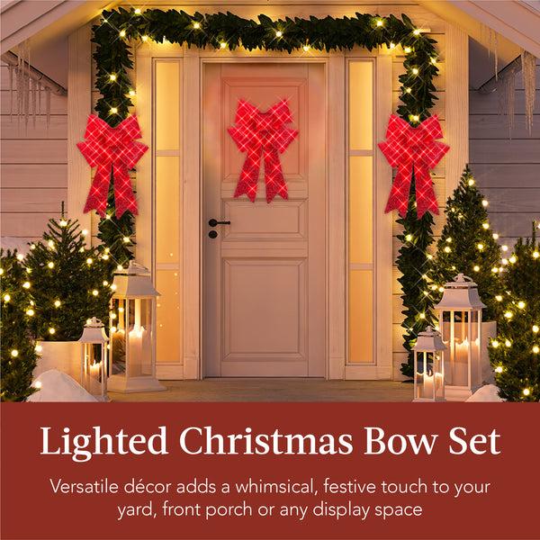 Best Choice Set Of 3 Pre-Lit Christmas Bow Decoration LED Holiday Decor W/ 8 Functions
