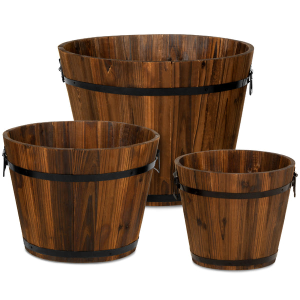 best choice Set of 3 Rustic Wood Bucket Barrel Garden Planters Set w/ Drainage Holes