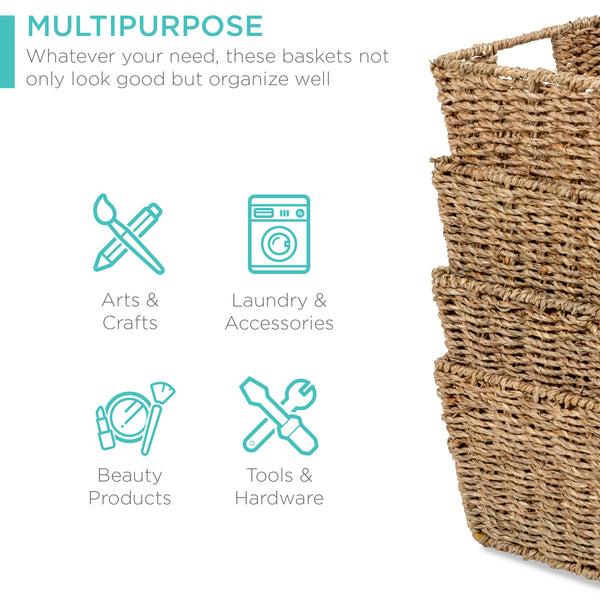 Best Choice Set Of 4 Seagrass Storage Tote Baskets Laundry Organizer W/ Insert Handles
