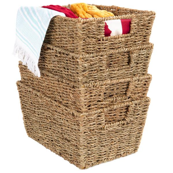 best choice Set of 4 Seagrass Storage Tote Baskets Laundry Organizer w/ Insert Handles