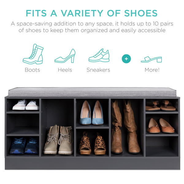 Best Choice Shoe Storage Rack Bench W/ Padded Seat 10 Cubbies - 46in