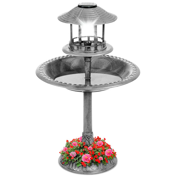 best choice Solar Lighted Outdoor Pedestal Bird Bath w/ Planter Decorative Bird Cage