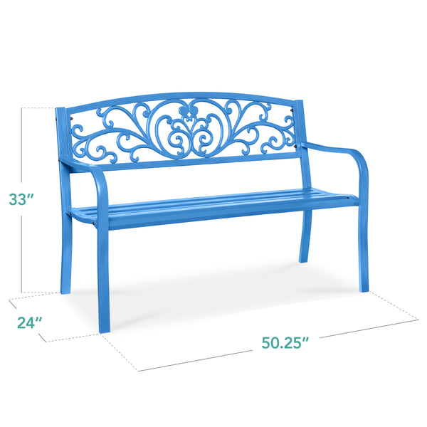 Best Choice Steel Bench For Outdoor Patio Garden W/ Floral Design - 50in