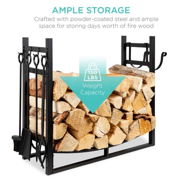 Best Choice Steel Firewood Log Storage Rack & Tool Set W/ Kindling Holder - 34.25in