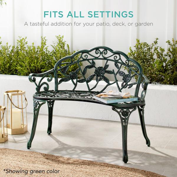 Best Choice Steel Garden Bench Outdoor Patio Furniture W/ Floral Rose Accent - 39in