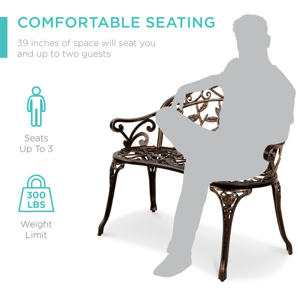 Best Choice Steel Garden Bench Outdoor Patio Furniture W/ Floral Rose Accent - 39in