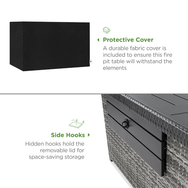 Best Choice Wicker Propane Fire Pit Table 50 000 BTU W/ Glass Wind Guard Cover - 52in