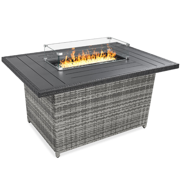 best choice Wicker Propane Fire Pit Table 50 000 BTU w/ Glass Wind Guard Cover - 52in