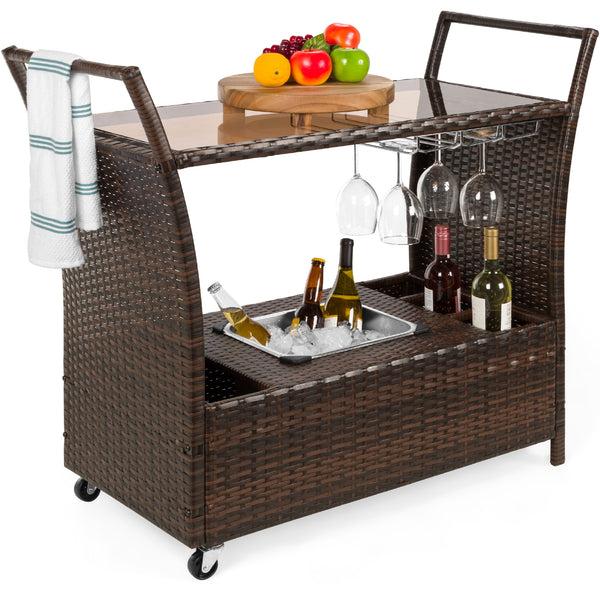 best choice Wicker Serving Bar Cart w/ Wheels Glass Counter Ice Bucket