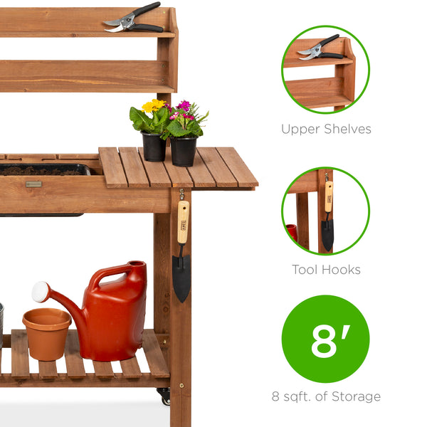 Best Choice Wood Garden Potting Bench W/ Sliding Tabletop Food Grade Dry Sink Wheels