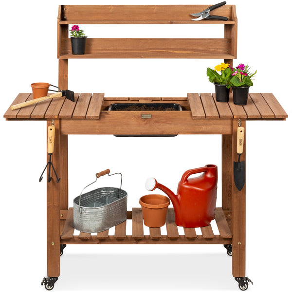 best choice Wood Garden Potting Bench w/ Sliding Tabletop Food Grade Dry Sink Wheels