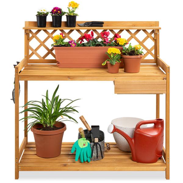best choice Wooden Garden Potting Bench Workstation w/ Cabinet Drawer Open Shelf