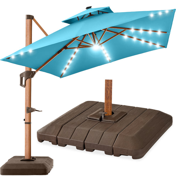 best choice Woodgrain Pattern 2-Tier Outdoor Solar LED Cantilever Umbrella - 10x10ft
