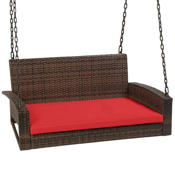 best choice Woven Wicker Hanging Porch Swing Bench w/ Mounting Chains Seat Cushion