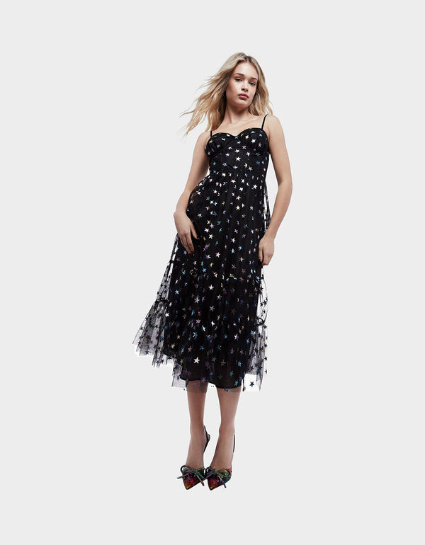 Betsey Johnson Rainbow Star Mesh Midi Dress Black