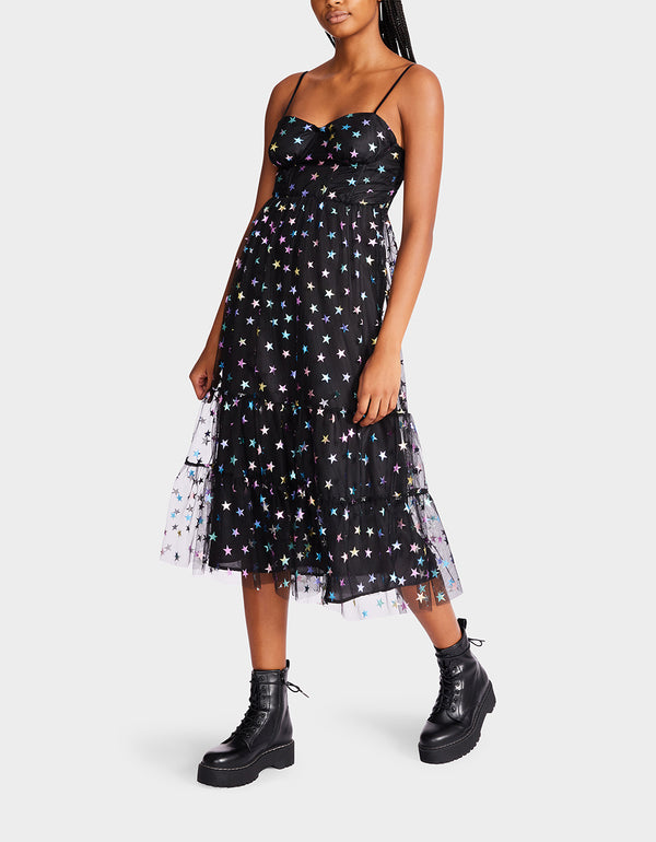 Betsey Johnson Rainbow Star Mesh Midi Dress Black