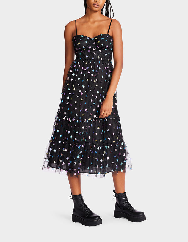 Betsey Johnson Rainbow Star Mesh Midi Dress Black