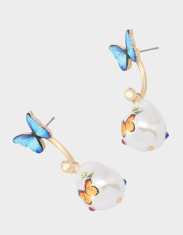 Betsey Johnson Betseys Backyard Butterfly Pearl Barbell Earrings Blue