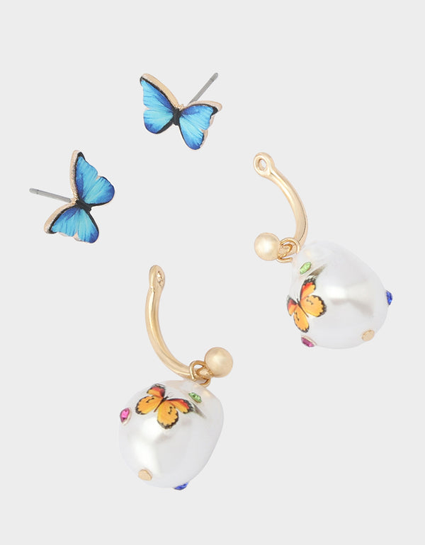 Betsey Johnson Betseys Backyard Butterfly Pearl Barbell Earrings Blue