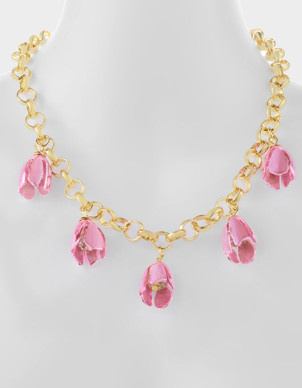 Betsey Johnson Garden Glam Tulip Charm Frontal Necklace Pink
