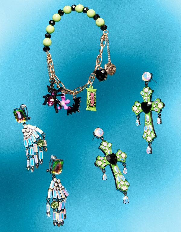 Betsey Johnson Ghoul Friends Stone Cross Drop Earrings Green
