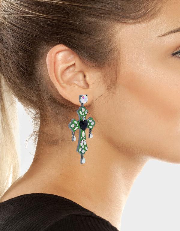Betsey Johnson Ghoul Friends Stone Cross Drop Earrings Green