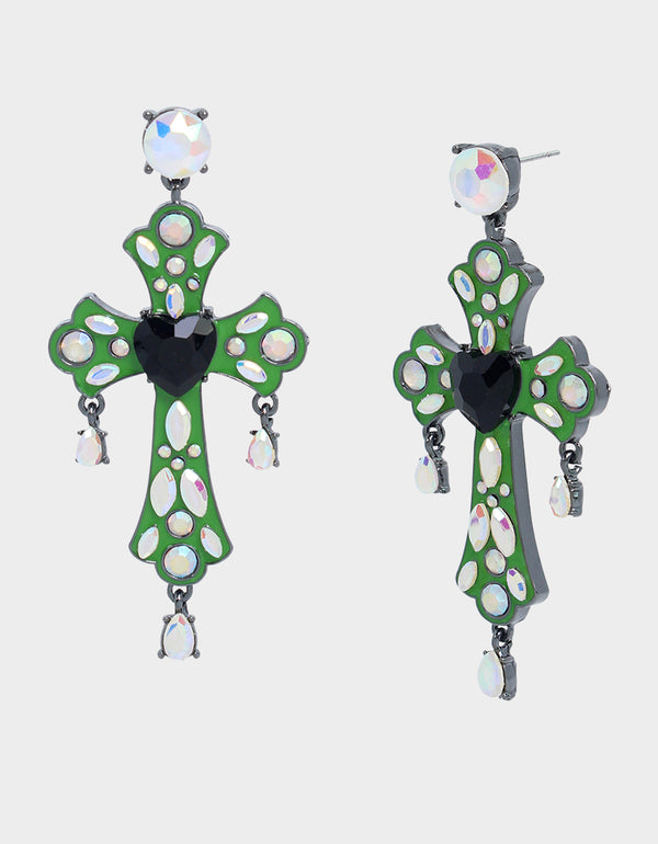 betsey johnson Ghoul Friends Stone Cross Drop Earrings Green