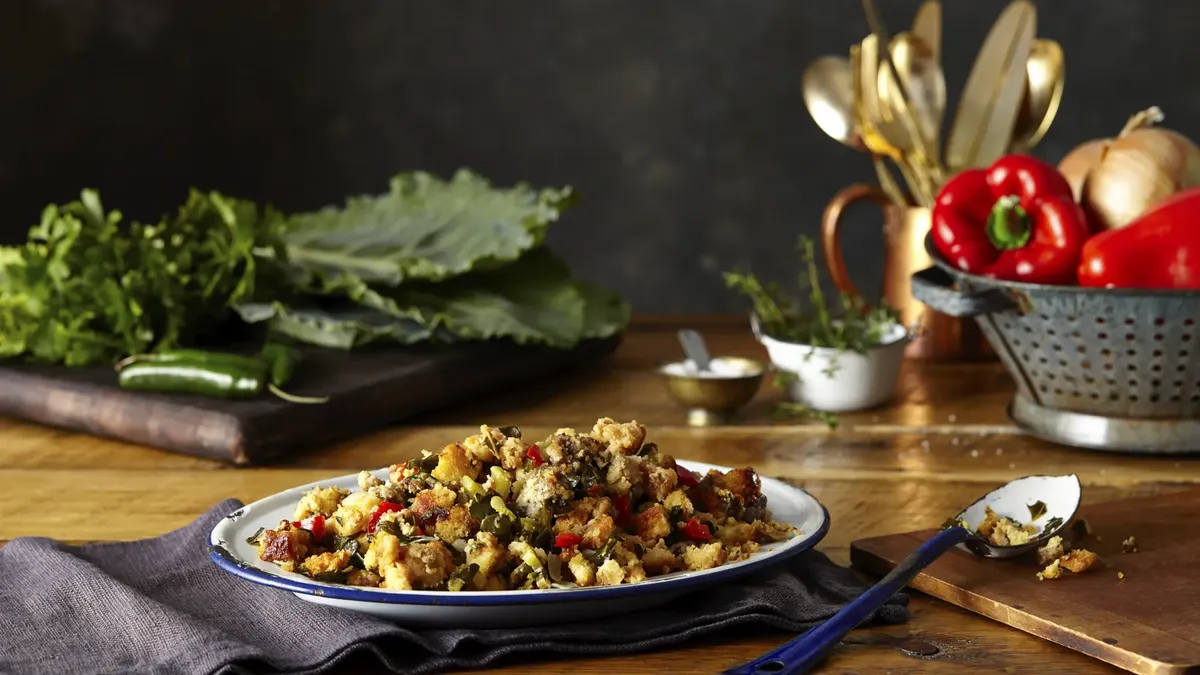 betty crocker Cornbread Stuffing with Sausage and Collard Greens