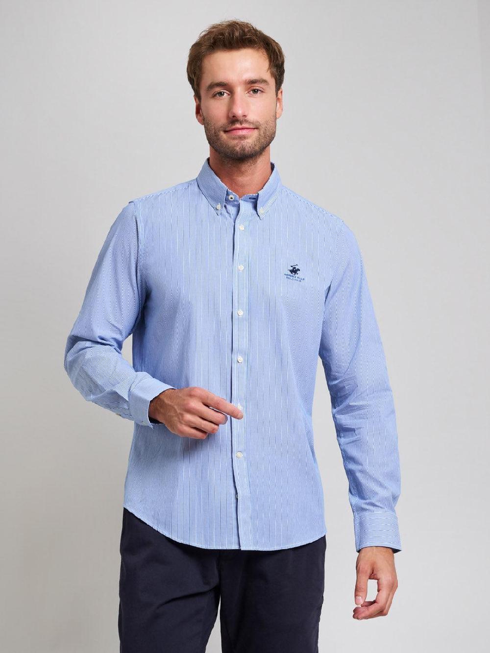 beverly hills polo club BUTTON DOWN BENGAL STRIPE OXFORD SHIRT LIGHT BLUE