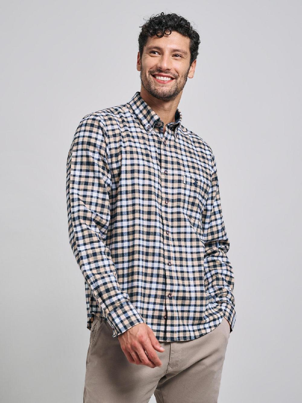 beverly hills polo club BUTTON DOWN FLANNEL CHECK SHIRT ECRU