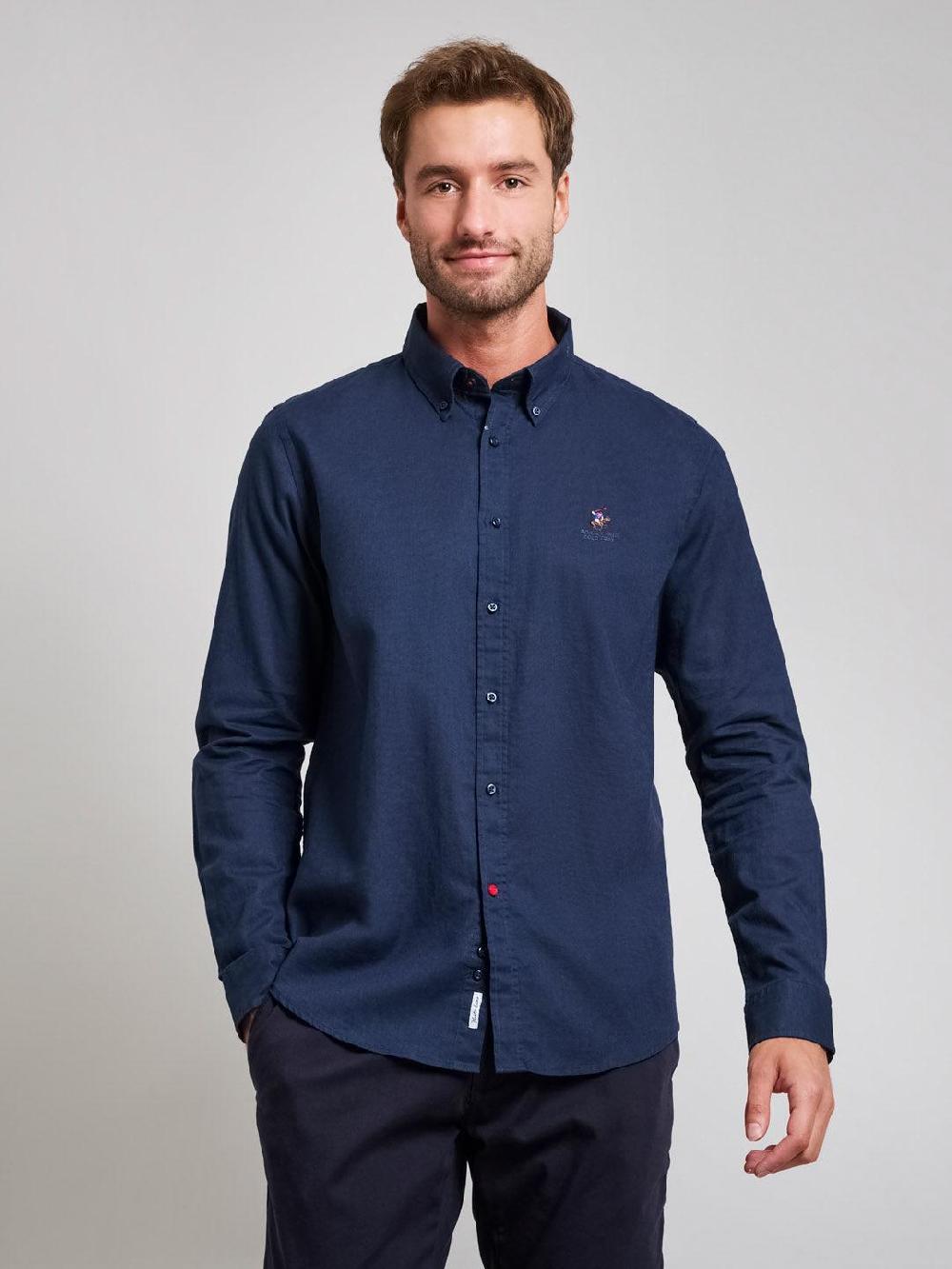 beverly hills polo club BUTTON DOWN LINEN BLEND SHIRT DARK NAVY
