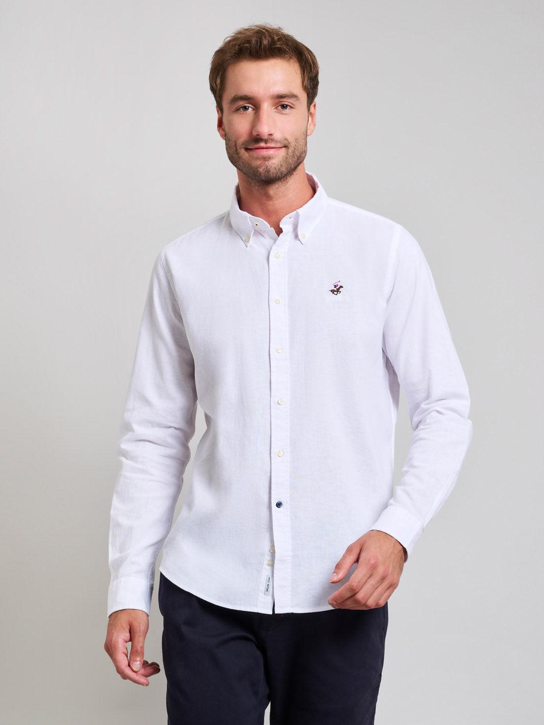 beverly hills polo club BUTTON DOWN LINEN BLEND SHIRT GHOST WHITE