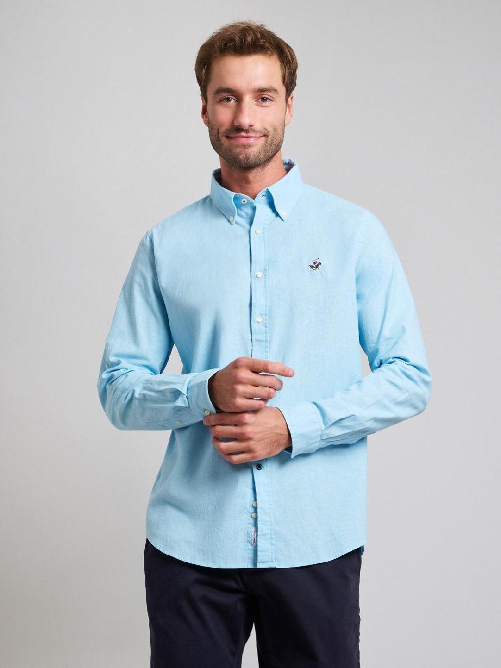 beverly hills polo club BUTTON DOWN LINEN BLEND SHIRT LIGHT BLUE