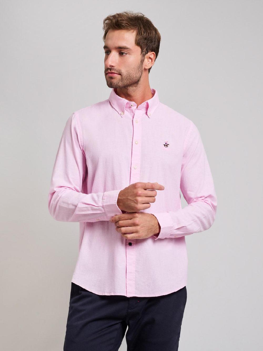 beverly hills polo club BUTTON DOWN LINEN BLEND SHIRT LIGHT PINK