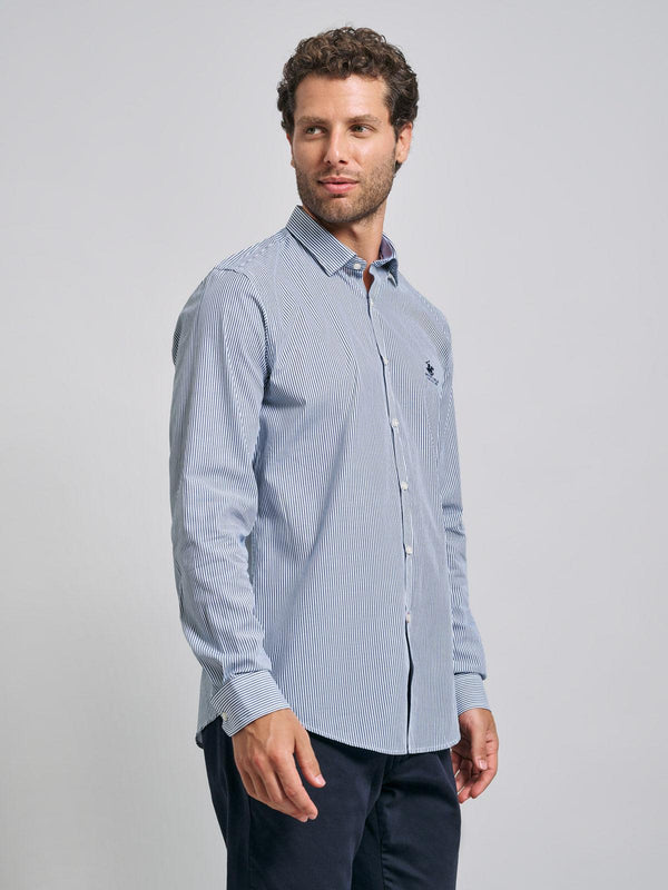 Beverly Hills Polo Club BUTTON DOWN PINSTRIPE SHIRT BLUE WHITE