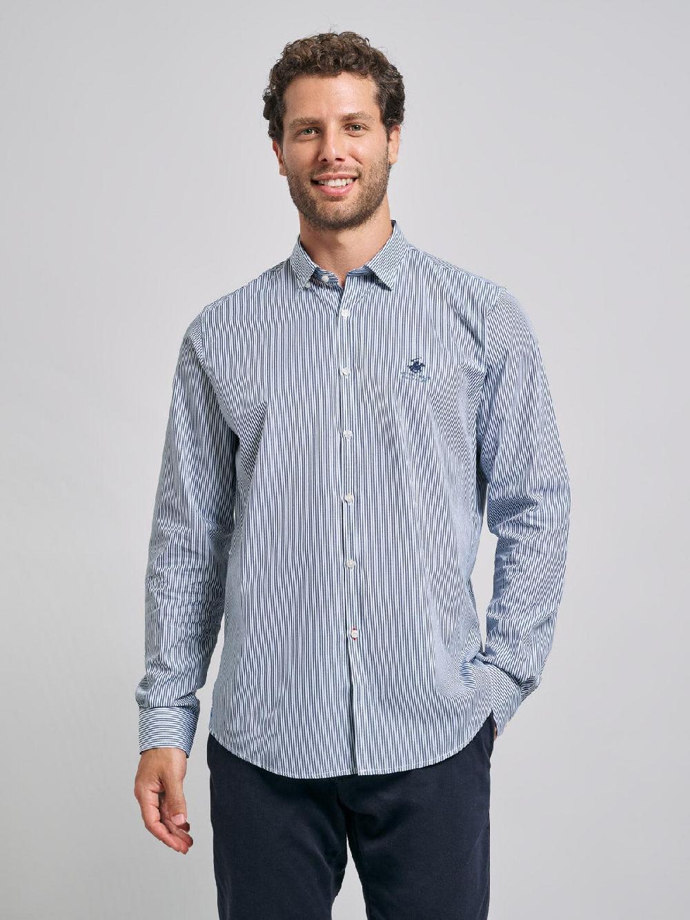 beverly hills polo club BUTTON DOWN PINSTRIPE SHIRT BLUE WHITE