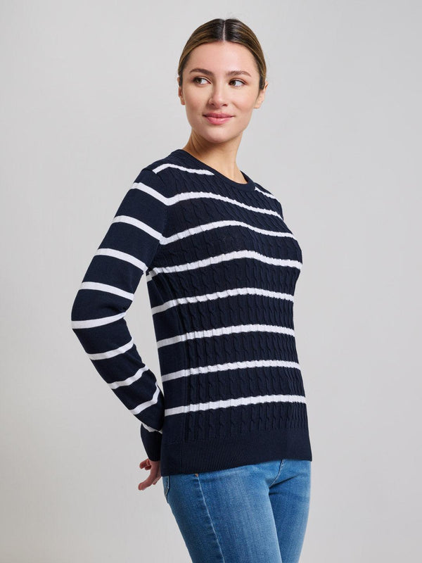 Beverly Hills Polo Club CABLE KNIT STRIPED CREWNECK COTTON KNIT DARK NAVY