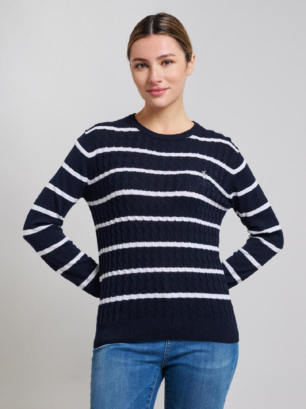 beverly hills polo club CABLE KNIT STRIPED CREWNECK COTTON KNIT DARK NAVY