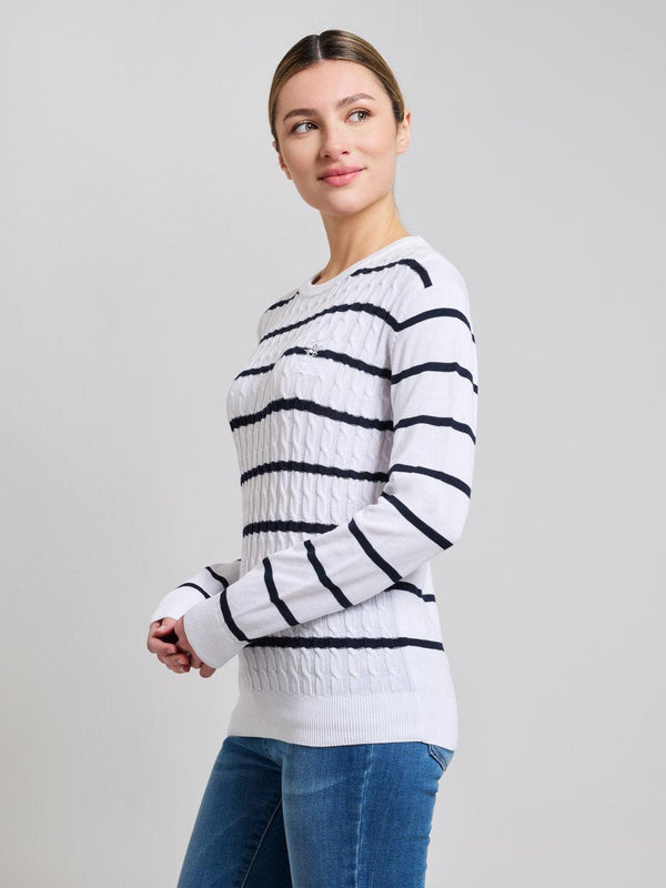 Beverly Hills Polo Club CABLE KNIT STRIPED CREWNECK COTTON KNIT GHOST WHITE