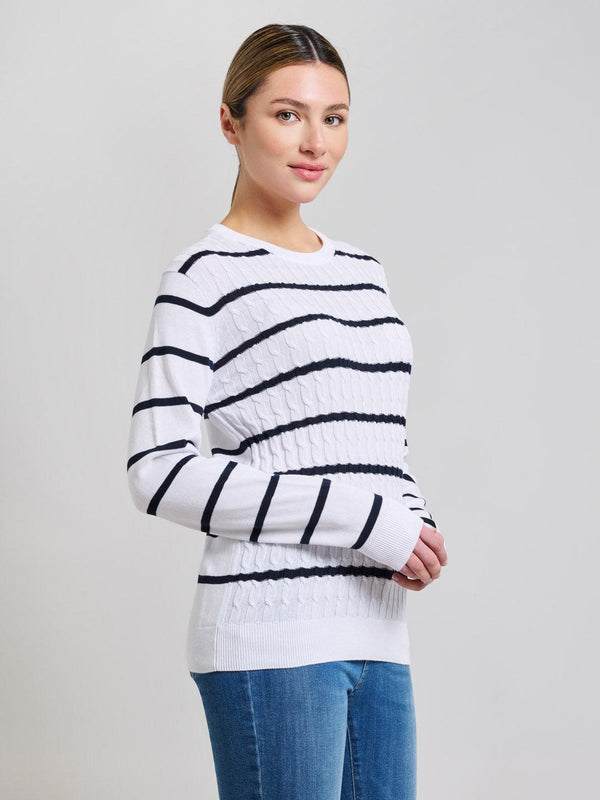 Beverly Hills Polo Club CABLE KNIT STRIPED CREWNECK COTTON KNIT GHOST WHITE