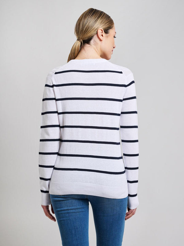 Beverly Hills Polo Club CABLE KNIT STRIPED CREWNECK COTTON KNIT GHOST WHITE