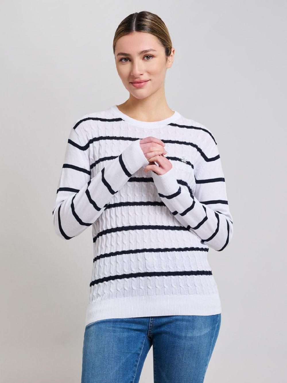 beverly hills polo club CABLE KNIT STRIPED CREWNECK COTTON KNIT GHOST WHITE