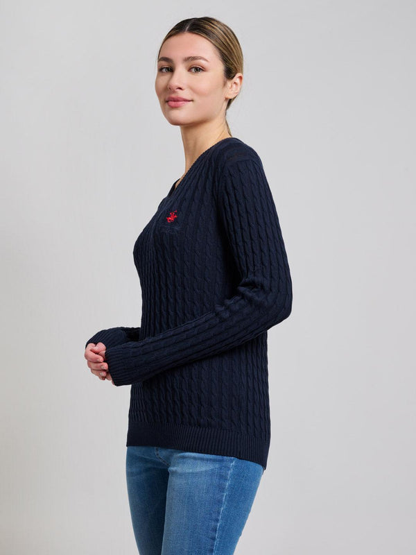 Beverly Hills Polo Club CABLE KNIT V-NECK COTTON KNIT DARK NAVY
