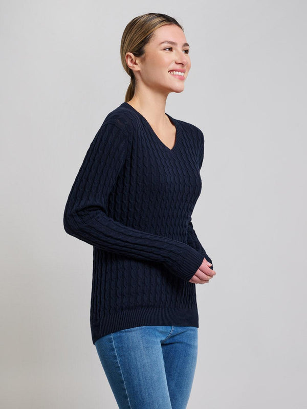 Beverly Hills Polo Club CABLE KNIT V-NECK COTTON KNIT DARK NAVY