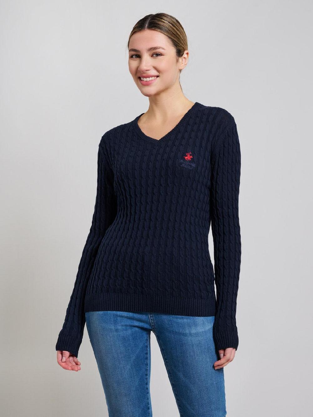 beverly hills polo club CABLE KNIT V-NECK COTTON KNIT DARK NAVY